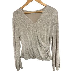 Shimmery Beige Long Sleeve Ruched Top | Bell Sleeves